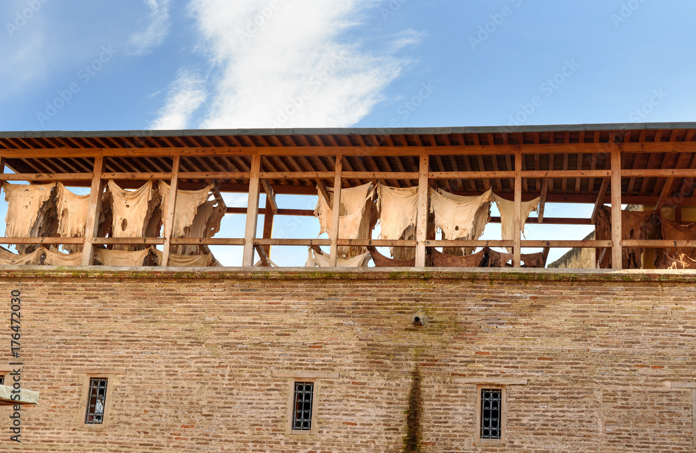 Fototapeta premium Leather drying in the tannery. Fes, Morocco