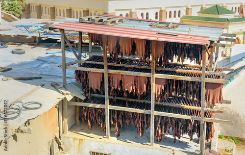 Billede på lærred Leather drying in the tannery. Fes, Morocco