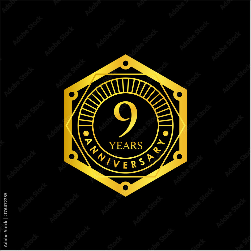 Fototapeta premium Logo badge Anniversary Black and Gold 9 Years. logo Vector illustration