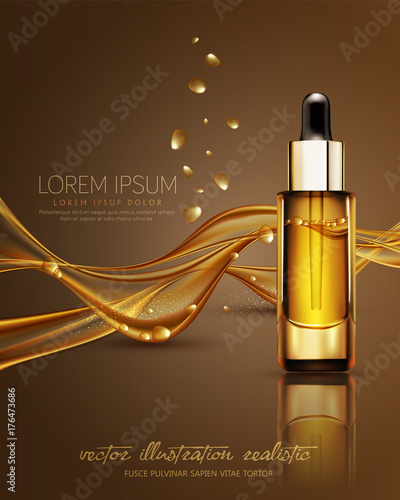 Vector glass vial with professional facial serum on  the background of waves and bubbles. Template cosmetic products with oil Q10. Element for design, advertising, promotion of cosmetic
