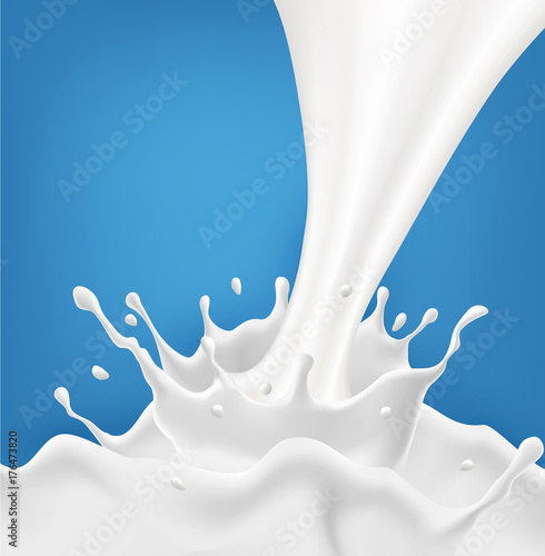 Vector milk splash with splashes isolated on a blue background. Element for design, advertising, promotion of dairy products.