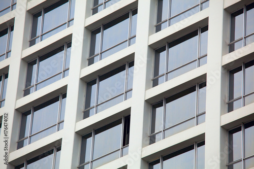 The pattern of blue windows at the building