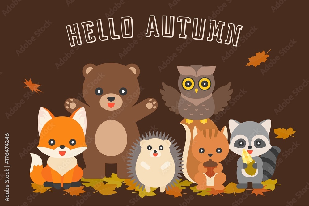 happy autumn typography and cute character of animal such as fox, bear owl, hedgehog, raccoon, squirrel, flat design vector happy autumn typography and cute character of animal such as fox, bear owl, hedgehog, raccoon, squirrel, flat design vector