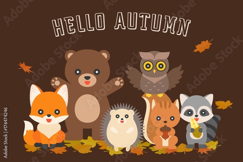 happy autumn typography and cute character of animal such as fox, bear owl, hedgehog, raccoon, squirrel, flat design vector