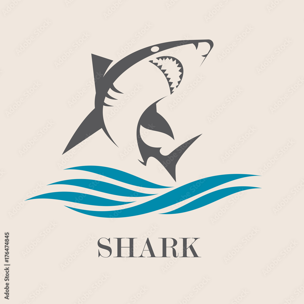 Icon of Smiling shark with sea waves. Creative vector symbol of fishing club or fishing shop.  