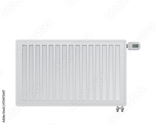 Steel panel radiator. Electronic thermal head. Bottom right side connection to the heating system.