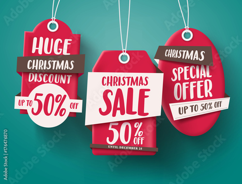 Huge Christmas sale vector set of red sale tags hanging with 50% off text and with origami paper style for holiday discount promotion. Vector illustration.
