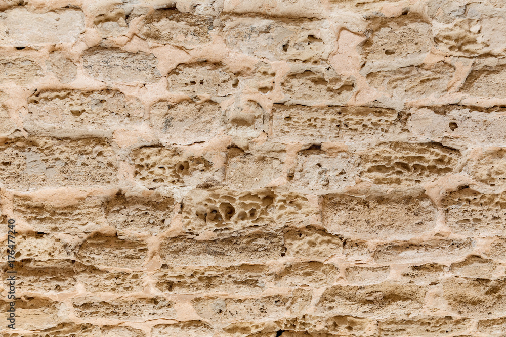 old brick wall of fort, Beautiful coral and limestone brick wall in old brick wall of fort, Beautiful coral and limestone brick wall in