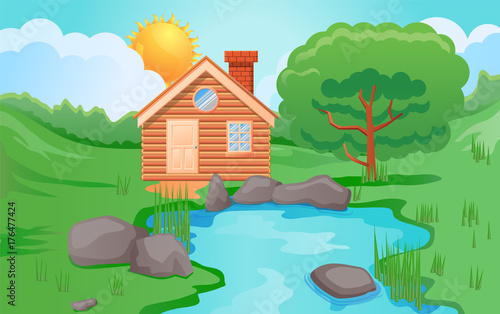 Wooden cabin in the forest vector illustration 