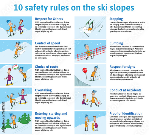 10 safety Rules on the Ski Slopes. Mountain Ski Safety Instructions. Vector Illustration for Information Board in the Ski Resort. Cute Characters Skier and Snowboarder in Different Situations.