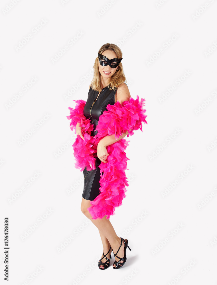 Portrait of woman in black dress and carnival mask. Portrait of woman in black dress and carnival mask.