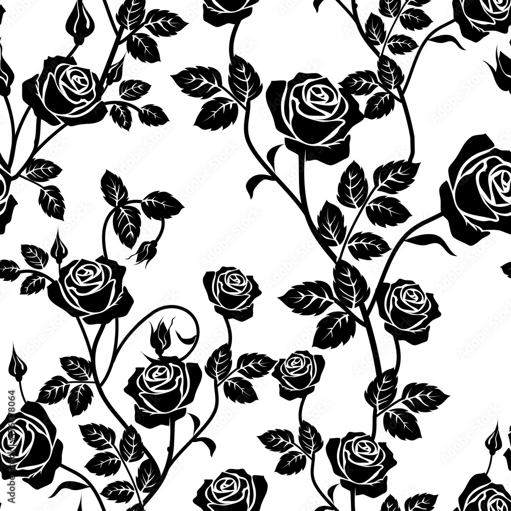 Rose seamless pattern. Black and white seamless pattern with flowers ...
