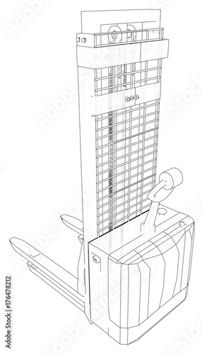 Small Warehouse Forklift. Abstract drawing. Tracing illustration of 3d.