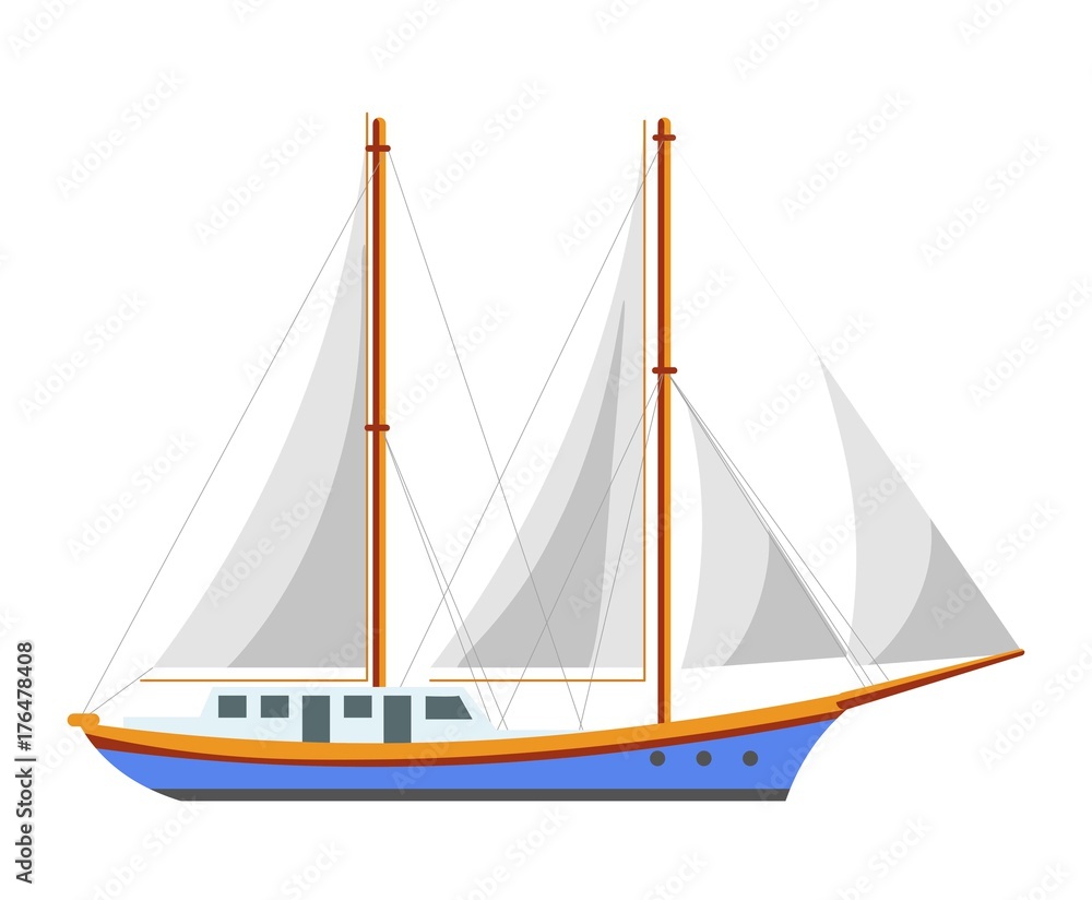 Fototapeta premium Yacht sailboat or sailing frigate ship sea cruise boat vector flat icon