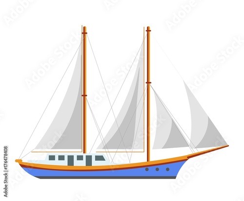 Yacht sailboat or sailing frigate ship sea cruise boat vector flat icon