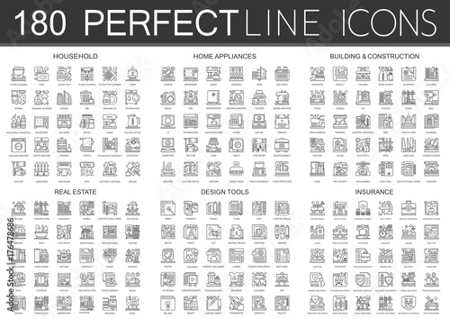 180 outline mini concept infographic symbol icons of household, home appliances, building construction, real estate, design tools, insurance.