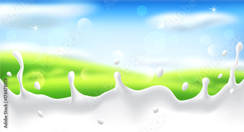 Vector abstract background with blur and a milk splash. Green grass, sky, clouds, sun. Template for modern design, advertising.