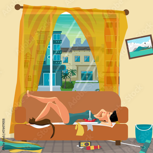 Young lazy woman is lying on the couch with her eyes closed. Laz
