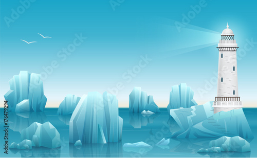 Vector Winter landscape of Lighthouse in the ice arctic ocean or sea with icebergs.