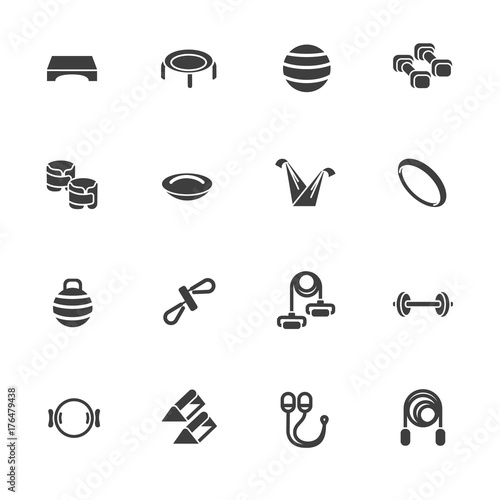 Icons of accessories and equipment for body workout in glyph style / There is fitness, crossfit and individual workout equipment
