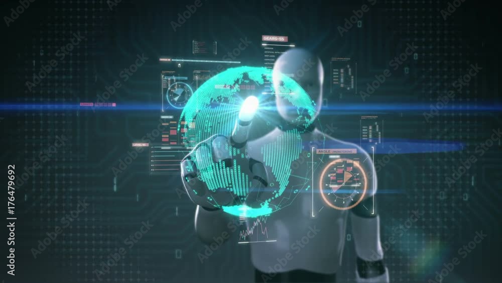 Robot, cyborg touching Digital signal, makes World map, Rounded digital earth, Global network connection,international technology.1. Robot, cyborg touching Digital signal, makes World map, Rounded digital earth, Global network connection,international technology.1.