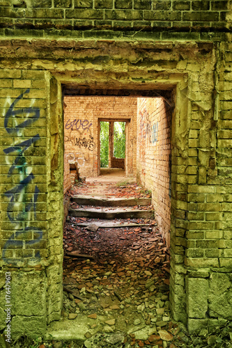 Interior and exterior walls of the broken house