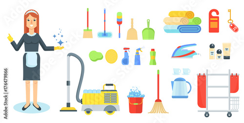 Maid flat vector character. Girl, woman in uniform with cleaning supplies and vacuum cleaner. Cleaning service of hotels and houses. Cartoon illustration. Objects isolated on a white background.
