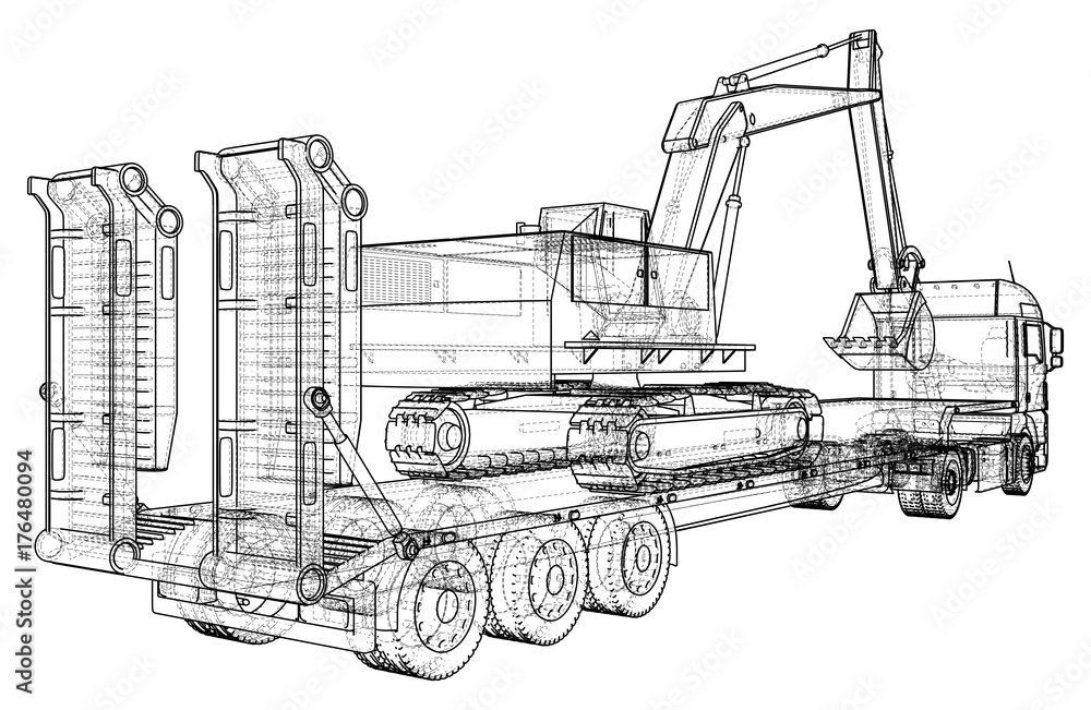 Obraz premium Low bed Truck Trailer and excavator. Wire-frame. EPS10 format. Vector created of 3d.
