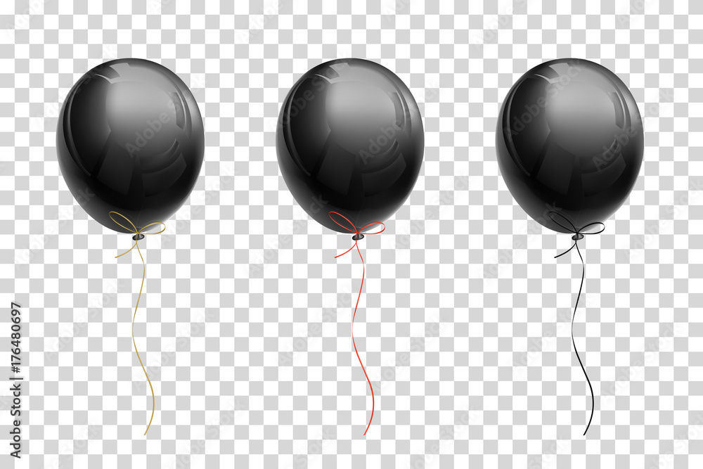Black flying balloon with ribbons of gold, red, black on a transparent ...