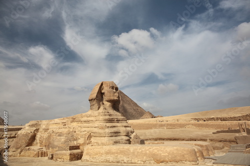 The Sphinx at Giza and ancient Egyptian pyramid in Giza, Cairo 