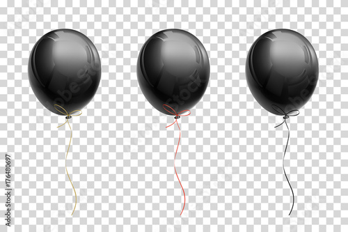 Black flying balloon with ribbons of gold, red, black on a transparent background