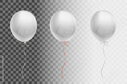 White flying balloon with ribbons of white, red, silver on a transparent background