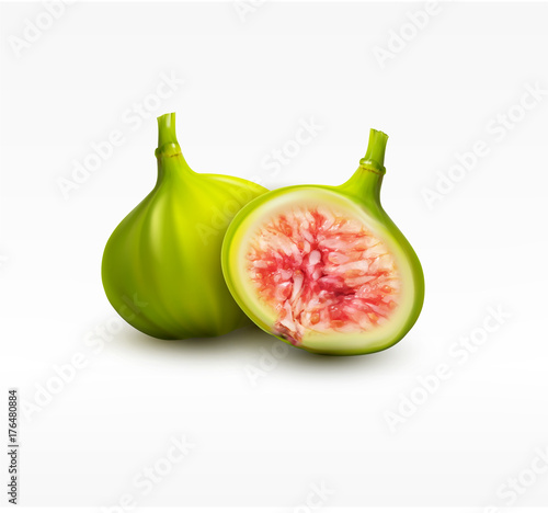 Vector 3d illustration with whole green fig and half a fruit, isolated on white background. Element for design, advertising, packaging of tea products