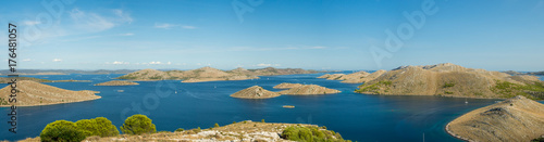 Aerial panoramic view of islands in Croatia with many sailing yachts between, Kornati national park landscape in the Mediterranean sea photo