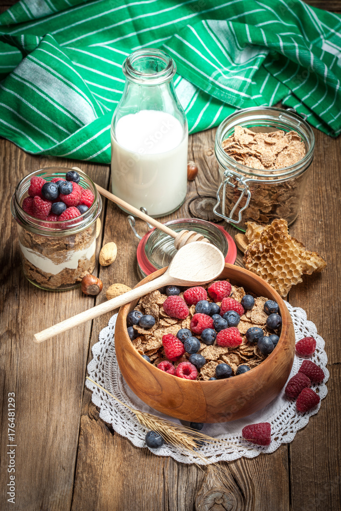 Tasty breakfast with milk and fruit. Tasty breakfast with milk and fruit.