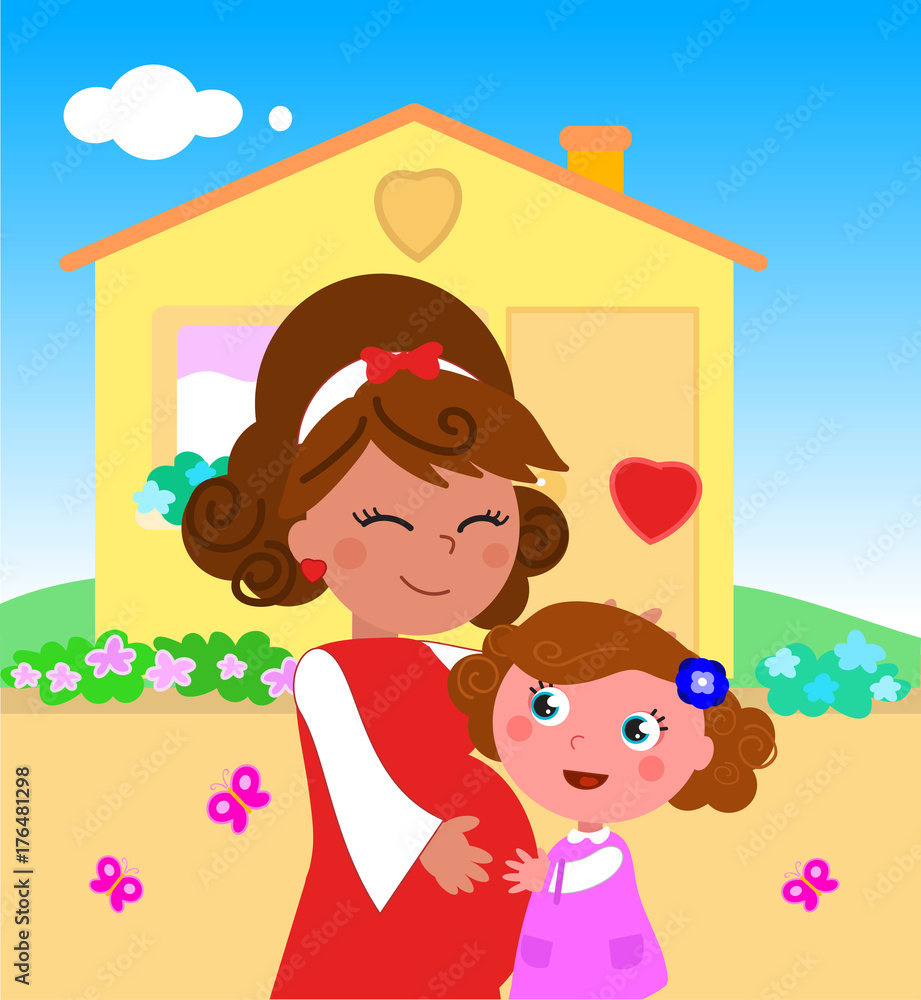 Naklejka premium Cartoon pregnant woman with daughter