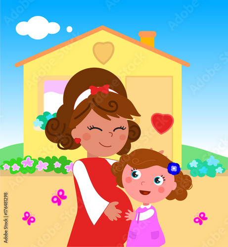 Cartoon pregnant woman with daughter