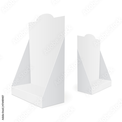 Blank cardboard POS display mockup with rounded top. Two templates in different positions to showcase your design or branding. Vector illustration