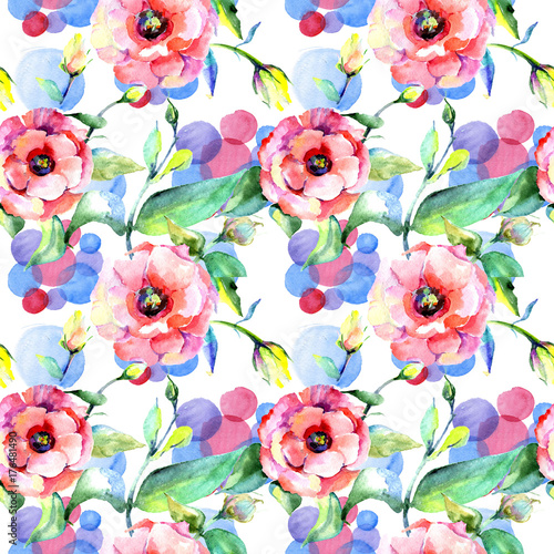 Wildflower eustoma flower pattern in a watercolor style. Full name of the plant: eustoma. Aquarelle wild flower for background, texture, wrapper pattern, frame or border.