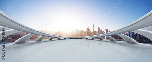 Photography empty marble floor with cityscape of modern city