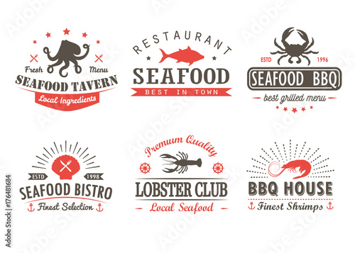 Set of vintage seafood, barbecue, grill logo templates, badges and design elements. Logotypes collection for seafood shop, cafe, restaurant. Vector illustration. Hipster and retro style.
