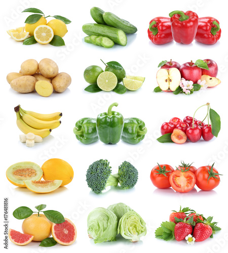 Obst und Gemüse Früchte Apfel Erdbeeren Tomaten Farben Collage Freisteller freigestellt isoliert