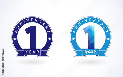 1 year old stained-glass blue colored logotype. Anniversary 1 st number. Shining celebrating congratulating greetings concept. One, first place or % off stained broken glass, isolated facet puzzles.