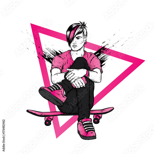 Stylish skater in jeans and sneakers. Skateboard. Vector illustration for a postcard or a poster, print for clothes. Street cultures.