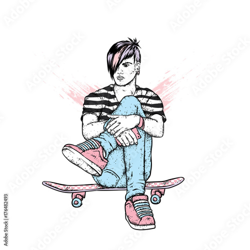 Stylish skater in jeans and sneakers. Skateboard. Vector illustration for a postcard or a poster, print for clothes. Street cultures.