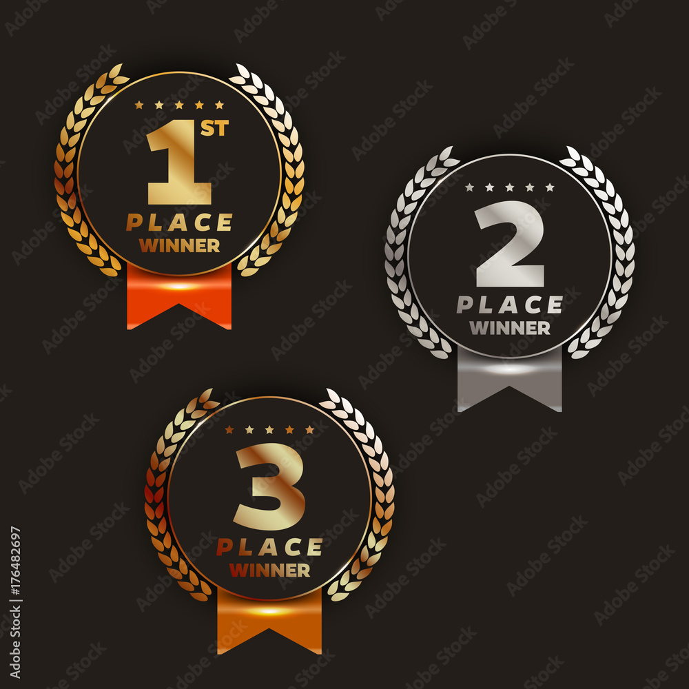 1st, 2nd, 3rd place gold colored logo's. Vector illustration. Stock