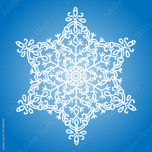 Winter white snowflake on blue background. Christmas element. Vector illustration.