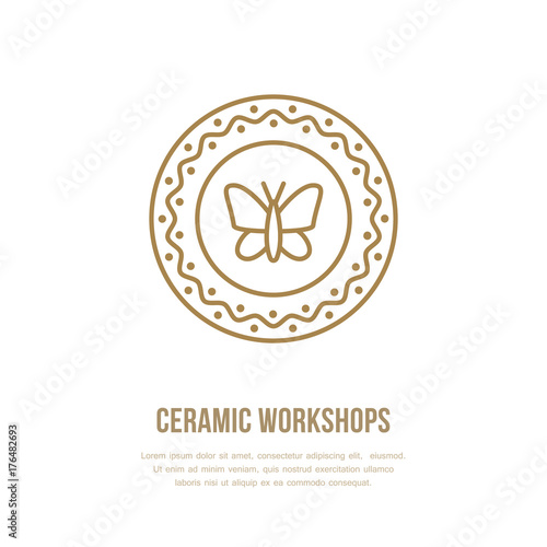 Pottery workshop, ceramics classes line icon. Clay studio tools sign. Hand building, sculpturing equipment shop sign. Illustration of painted ceramic plate.