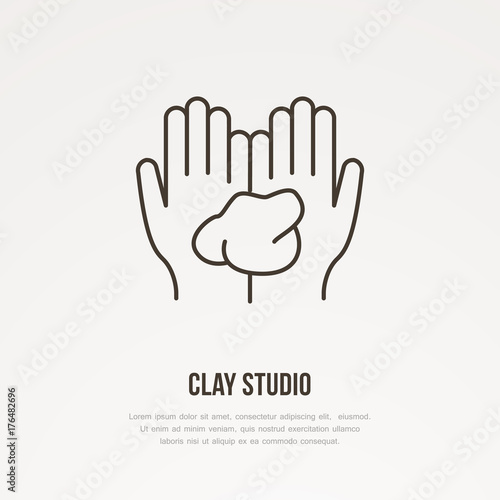Illustration of hands holding clay. Pottery workshop, ceramics classes line icon. Clay studio sign. Hand building, sculpturing equipment shop sign.
