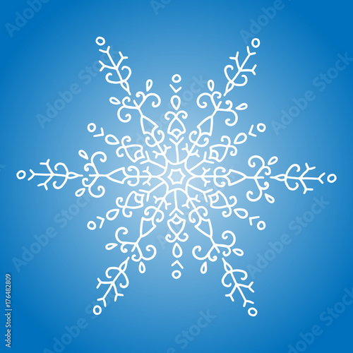 Winter white snowflake on blue background. Christmas element. Vector illustration.